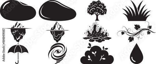 Vector illustration of a decorative nature set featuring black plant silhouettes and black and white flower patterns with seasonal leaves and summer design elements for art icons or cards