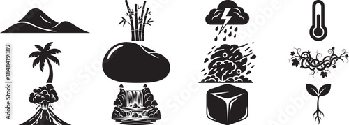 Vector set of abstract flowers and leaves featuring autumn mushrooms and forest fungi in a cartoon nature illustration with red toadstool plants and trees