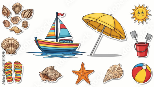 A collection of colorful summer and beach-themed cartoon illustrations including seashells, a sailboat, umbrella, sun, flip-flops, and sand toys.