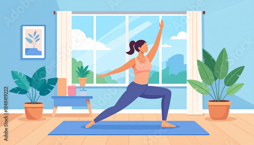 A woman practicing yoga in a warrior pose indoors, surrounded by plants and natural light from a large window, promoting a healthy lifestyle.