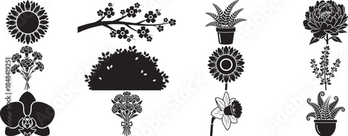 Vintage black silhouette vector set of flowers and plants featuring holiday ornament icons and retro Christmas tree decoration art for a gold frame pattern design