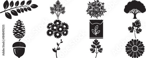 Seamless vector set of black silhouettes featuring birds, feathers, and branches with vintage floral ornaments, winter snowflakes, and nature elements for Christmas decoration and elegant pattern desi