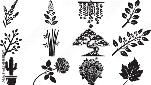 Vintage black silhouette vector set of laurel wreaths and ribbons featuring floral leaf ornaments, decorative nature elements, and tribal tattoo style patterns for elegant design illustration