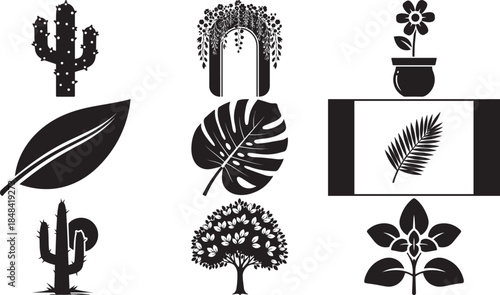 Vector set of black and white flower silhouettes and plant elements featuring seamless floral patterns and nature illustrations with leaf and butterfly icons for elegant summer wallpaper design collec