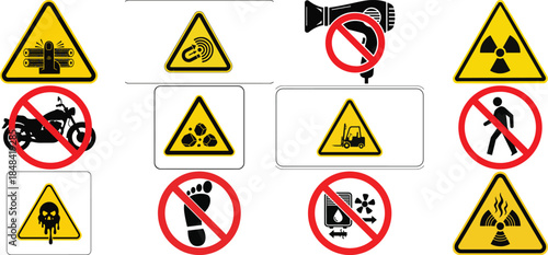Hazard & Prohibition Sign Grid – Safety Symbols for Explosives, Radiation, Machinery, and Access Control