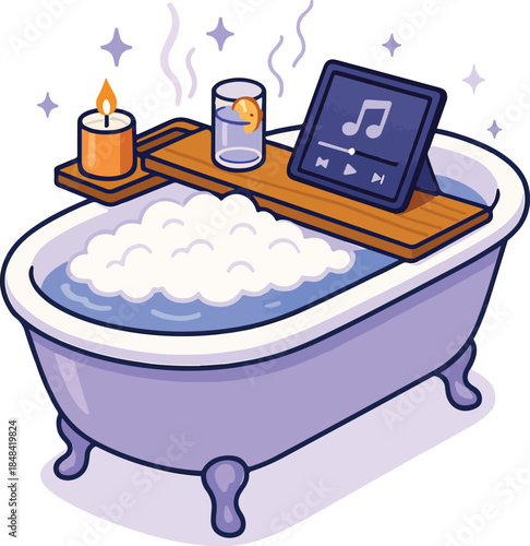 Self-Care Bathtub with Bubbles, Bath Caddy, Candle and and Music Tablet, Cartoon Vector Isolated