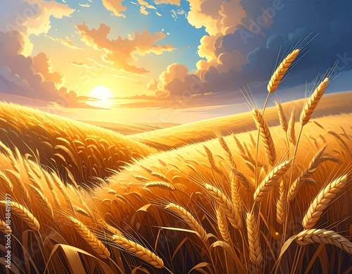 Golden field of wheat glows under a radiant sunset sky
