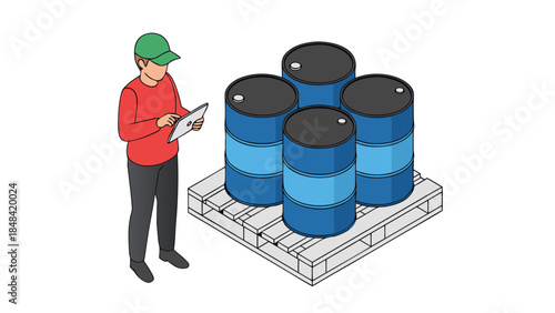 Worker Inspecting Barrels on Pallet with Tablet - Isometric Illustration
