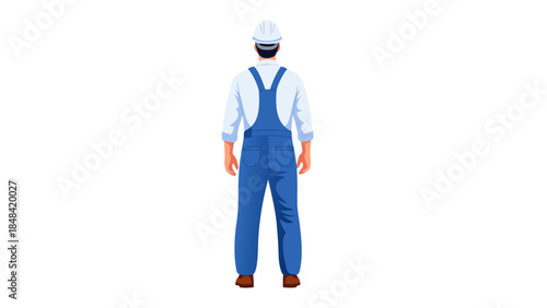 Worker in Blue Overalls and Hard Hat, Back View