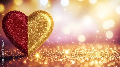 Glittering red and gold heart on sparkling background