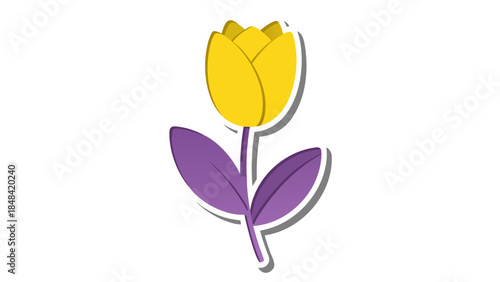 Yellow Tulip Flower with Purple Leaves - Flat Vector Illustration