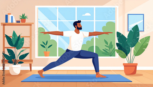 A man practicing yoga in a warrior II pose on a mat in a bright room with large windows and houseplants.