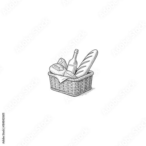 Picnic Basket with Wine Bottle and Fresh Baguette Bread - Hand-Drawn Sketch