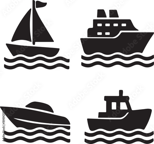Boat silhouette icon set on water waves sailboat, cruise Ship, speedboat, fishing boat vector art illustration