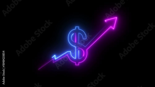 Neon Glowing Dollar Symbol with Upward Arrow Icon Animation on Black Background, Looping Financial Growth and Profit Increase Symbol for Investment, Revenue, Market Trend, Business Finance UI