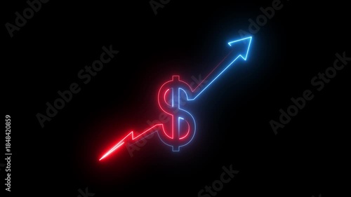 Neon Glowing Dollar Symbol with Upward Arrow Icon Animation on Black Background, Looping Financial Growth and Profit Increase Symbol for Investment, Revenue, Market Trend, Business Finance UI