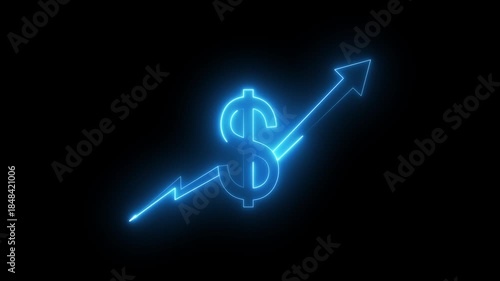 Neon Glowing Dollar Symbol with Upward Arrow Icon Animation on Black Background, Looping Financial Growth and Profit Increase Symbol for Investment, Revenue, Market Trend, Business Finance UI