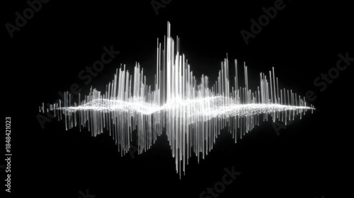 Sound Wave Artistry: A striking digital representation of sound waves pulsates against a stark black background, symbolizing energy, rhythm, and the invisible forces of audio.