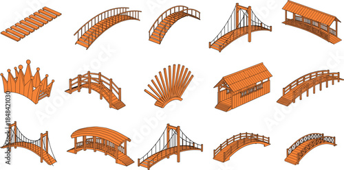 Set of orange wooden bridge icons featuring arch suspension and covered bridge designs isolated on white background flat vector illustration for park and garden landscaping
