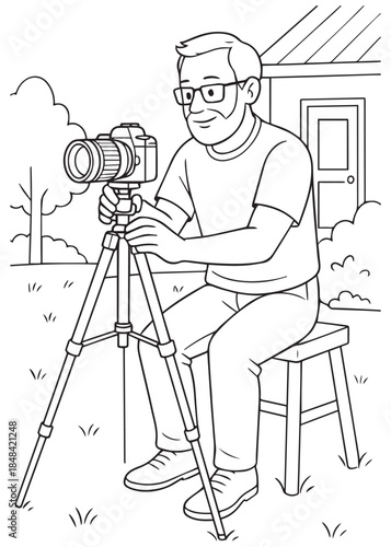 Coloring book Dad using tripod to take a photo