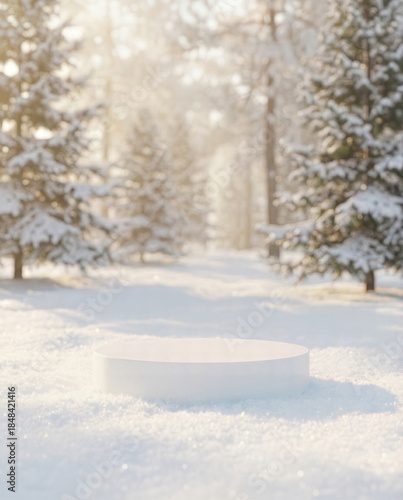 Empty white cylindrical podium on snow for winter product display, nature background with sunlight.