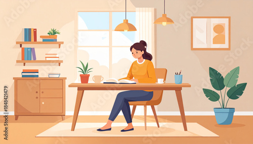 A young woman engrossed in reading a book at a wooden desk in a bright and comfortable home office setting.