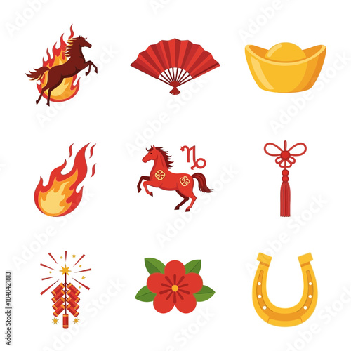 Illustrative depictions of chinese new year elements representing good fortune and prosperity