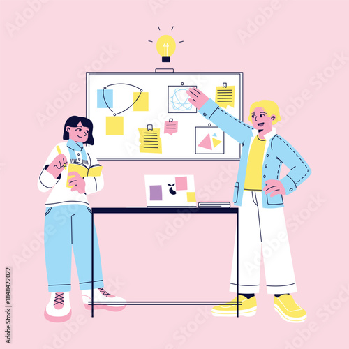 Flat Modern Team Presenting Campaign Strategy Board Illustration