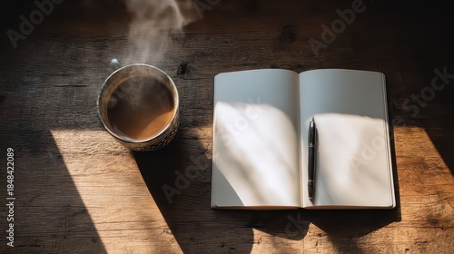 Top View Of Coffee Mug With Steaming Liquid Near Notebook And Pen Under Sunlight On Rustic Wooden Table