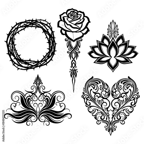 Collection of black and white tattoo designs featuring floral and ornate patterns