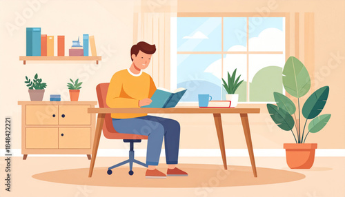 A man sitting comfortably at a wooden desk in a bright room, engrossed in reading a book, surrounded by plants and a bookshelf.