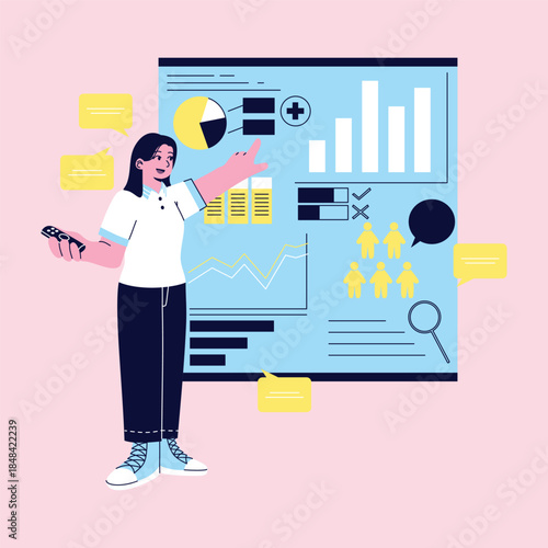 Flat Modern Woman Explaining Campaign Data in Presentation Board Illustration