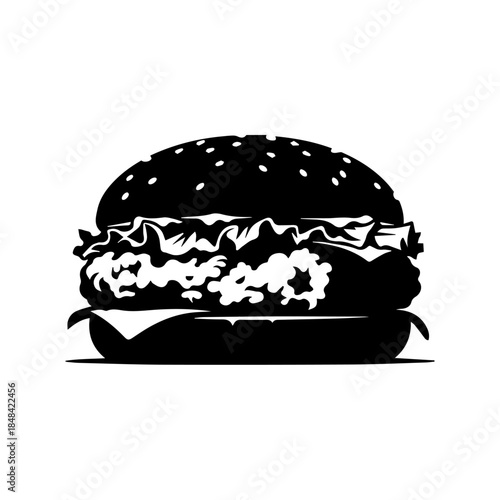 A close-up silhouette of a burger on a white background showcasing the detailed texture and layers of the sandwich