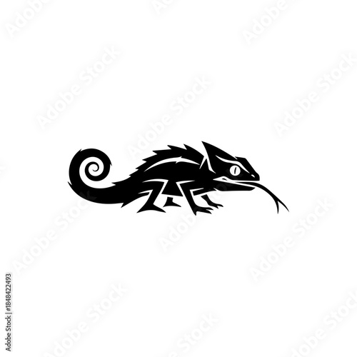 A black and white illustration of a chameleon on a plain background