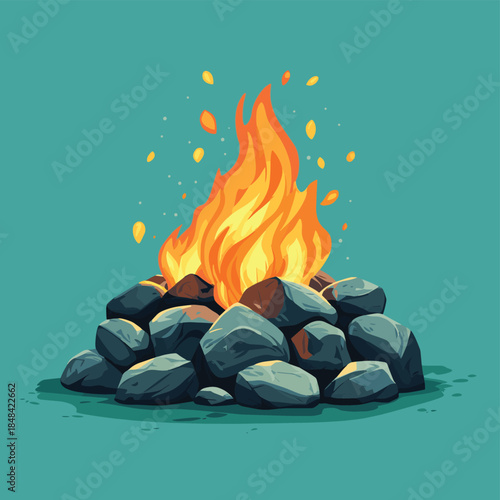 A pile of rocks on fire with clear smoke , vector style simple color