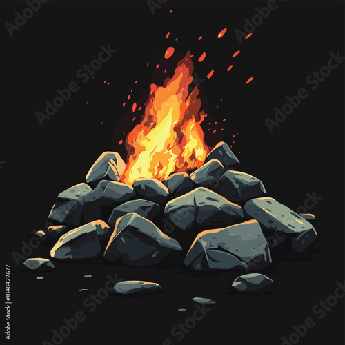 A pile of rocks on fire with clear smoke , vector style simple color