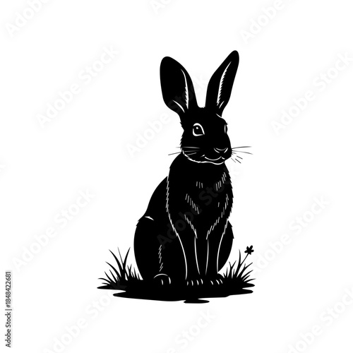 A black rabbit sitting in the grass, viewed from the front, showcasing its large ears and whiskers in a simple illustration style