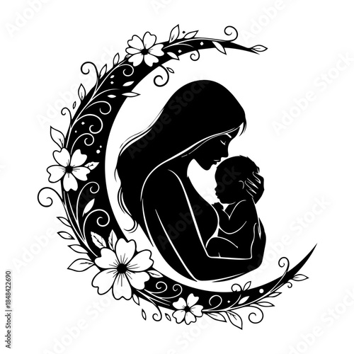 Nurturing Mother and Infant Embrace in a Floral Crescent Moon Art