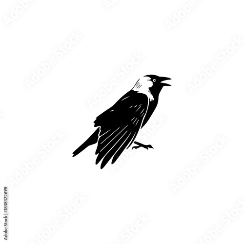 A crow perched on a branch, its beak open, in a serene landscape illustration