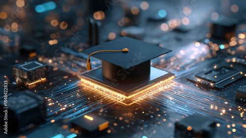 Digital Learning: A graduation cap sits atop a motherboard, symbolizing education's integration with technology and the digital age, a concept showcasing the fusion of learning and innovation.