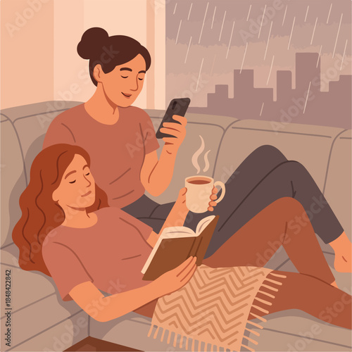 Rainy Day Two Young Women Relaxing on Sofa Reading Book and Using Phone Illustration