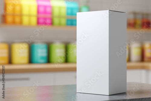 Blank White Tall Cereal Box Mockup Standing on Kitchen Countertop