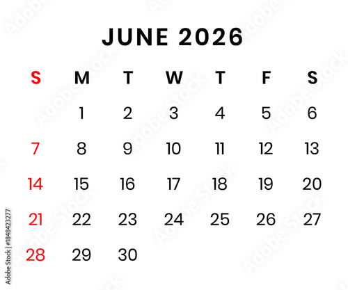 june 2026 Calendar png transparent background