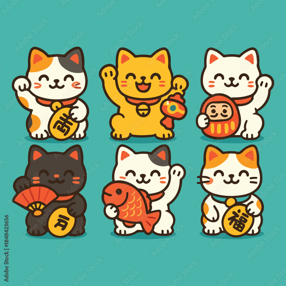 Obraz premium Maneki-neko Lucky Cats Set Waving Paws, Japanese Fortune Charm Cartoon Vector