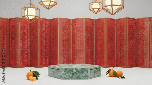 Bright Product Showcase Stage with Marble Pedestal, Red Backdrop, Lanterns, and Fresh Mandarins for Festive Events