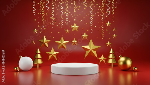 Dazzling festive podium prepared for elegant presentation, surrounded by glistening stars and holiday cheer