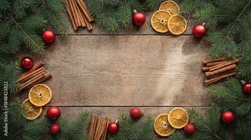 Top view of rustic wooden table decorated with pine branches and Christmas ornaments, empty space for text.