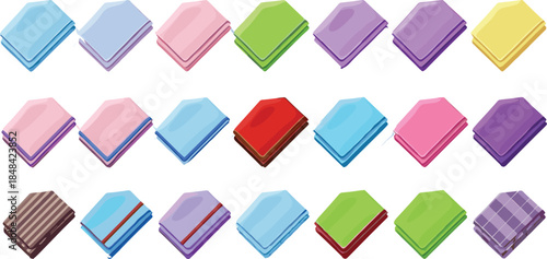 Set of colorful folded textile swatches and cloth napkins in various solid colors and patterns isolated on white background flat vector illustration for home decor and fabric samples