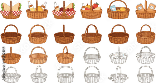 Wicker picnic basket set with various designs including empty baskets and baskets filled with sandwiches fruit wine and snacks isolated on white background flat vector illustration