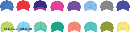 Set of colorful baseball caps and trucker hats in various bright colors isolated on white background flat vector illustration for sports and casual fashion apparel
